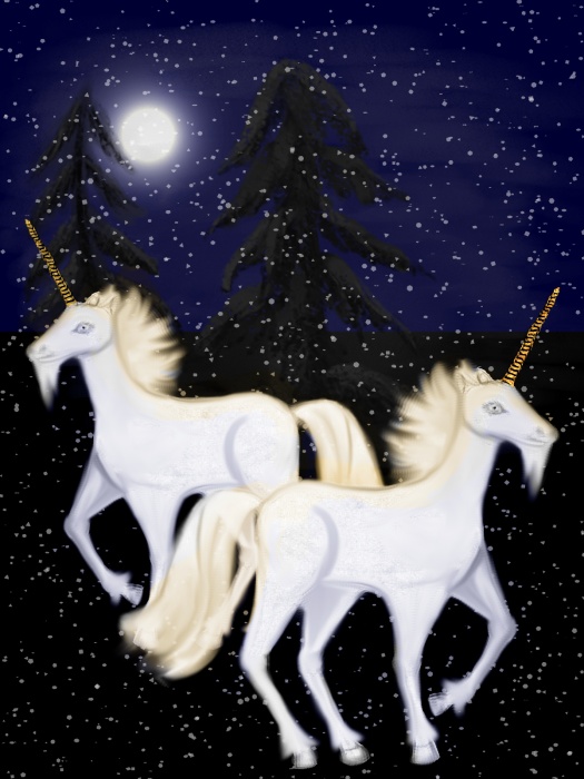 Unicorns in the Snow - interim stage, digital painting