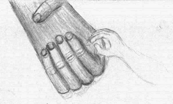 Caring Cousins: Pencil Sketch of an Orangutan Holding a Child's Hand